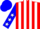 red, white stripes, blue sleeves, white stars, blue cap