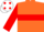 orange, red hoop, red sleeves, white cap, red spots