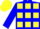 Blue, yellow squares, blue sleeves, yellow cuffs, checked cap
