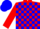 red and blue check, red sleeves, blue cap