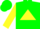 Green, grey tornado on yellow triangle, yellow lightning bolts on sleeves