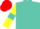 Turquoise, yellow sleeves, turquoise armlets, red cap