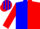 blue and red halved diagonally, red sleeves, red cap, blue stripes