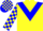 Dayglo yellow, blue chevron, checked sleeves and cap