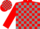 Red, gray blocks, red 'r', gray blocks on red sleeves