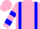 Pink, blue braces, blue hoops on sleeves, pink cap