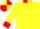 Yellow and navy quarters, red collar and cuffs, yellow and navy quartered cap,