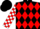 Black, red band of diamonds, red and white checked sleeves, black cap