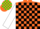 Orange and green triangular thirds, black blocks on white sleeves