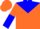 Fluorescent orange, blue yoke, blue 'mss', fluorescent orange and blue halved sleeves, fluorescent orange cap