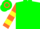 Green, orange and yellow hooped sleeves and cap
