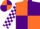 Orange and purple quartered, white and purple checked sleeves, orange and purple quartered cap