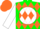 Kelly green, green shamrock on white ball, orange diamonds on white sleeves, orange cap