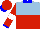 Light blue and red halved horizontally,white band, red sleeves and cap, blue collar,cuffs and peak