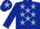 Dark blue, silver stars, dark blue sleeves, silver cuffs, dark blue cap, silver star
