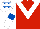 Red, white chevron, white sleeves, royal blue armlets and stars on white cap