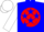 Blue, white 'windy hill' on red ball, blue stars on white sleeves, white cap