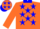 Dayglo orange, blue stars and collar, dayglo orange cap, blue stars and peak