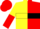 yellow and red halved horizontally, black hoop, yellow and red halved sleeves, black armlet, red cap