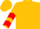 Gold, red 'gcf', red chevrons on sleeves, gold cap
