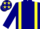 Navy blue, yellow braces, navy blue sleeves and cap, yellow stars