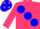 Cerise, large blue spots, cerise sleeves, blue cap, cerise spots