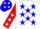 White, blue stars, red sleeves, white stars, blue cap, white stars