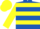 Royal blue, yellow hoops, royal blue stripe on yellow sleeves, yellow cap