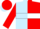 Light blue and red halved horizontally,white hoop, red sleeves and cap, light blue collar,cuffs and peak