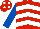 Red & white chevrons, royal blue sleeves, red cap, white spots