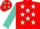 Red, white stars on turquoise cross sash, white stars on turquoise slvs