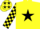 Yellow, black star, checked sleeves, yellow cap, black stars