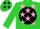 Lime green, pink 'ks' on black ball, pink stars on lime green slvs