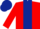 Red body, dark blue stripe, red arms, dark blue cap
