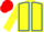 Yellow, royal blue seams, red cap