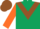 dark green, brown chevron, orange sleeves, brown cap