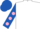 White, royal blue sleeves, pink spots, royal blue cap
