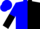 Blue, black halves, tree & raven logo on back