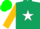 Hunter green, gold and white horseshoe with star, green hoops on gold sleeves, gold and green cap