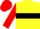 Yellow, red 'kbm', black hoop on red sleeves, red cap