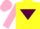 Yellow, maroon inverted triangle, pink sleeves, maroon armlet, pink cap