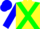 Yellow, green cross belts, green hoops on blue sleeves, blue cap