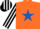 Orange, royal blue star, black and white striped sleeves and cap