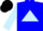 Blue, light blue triangle, light blue sleeves, black cap