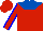 Red, royal blue yoke, blue seams on sleeves, red cap