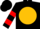 Black, black 'a' & red arrow on gold ball, red bars on sleeves, black cap