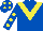 Royal blue, yellow chevron, yellow spots on sleeves, royal blue cap, yellow spots