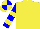 Yellow, yellow hoops on blue sleeves, yellow and blue quartered cap