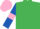 emerald green, royal blue sleeves, pink armlets, pink cap
