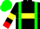 black, green braces, yellow hoop, red belt, yellow armlets, red cuffs, green cap